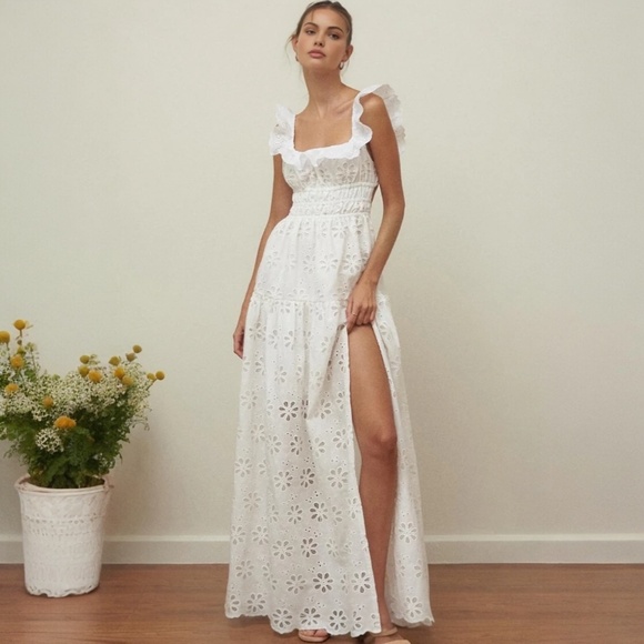 Commense Small White Cotton Eyelet Embroidered Cottage Flowy Summer Maxi Dress - Picture 1 of 11